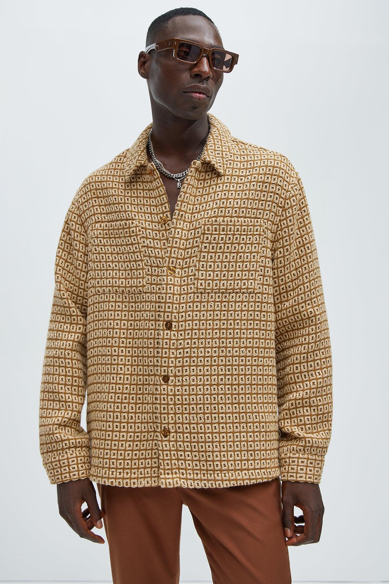 Oversized Island Textured Button Up Shirt - Brown Combo Product Image