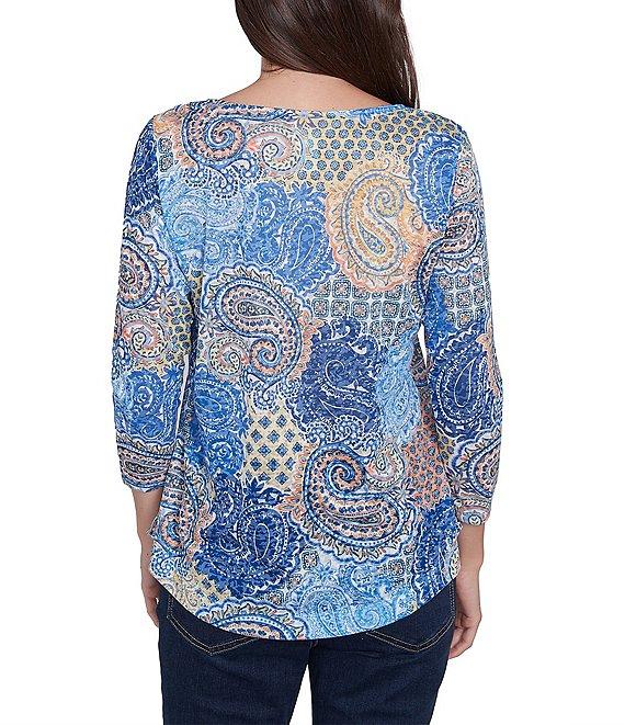Ruby Rd. Knit Embellished Mixed Paisley Print Metallic Studded Lace Applique Scoop Neck 3/4 Sleeve Top Product Image