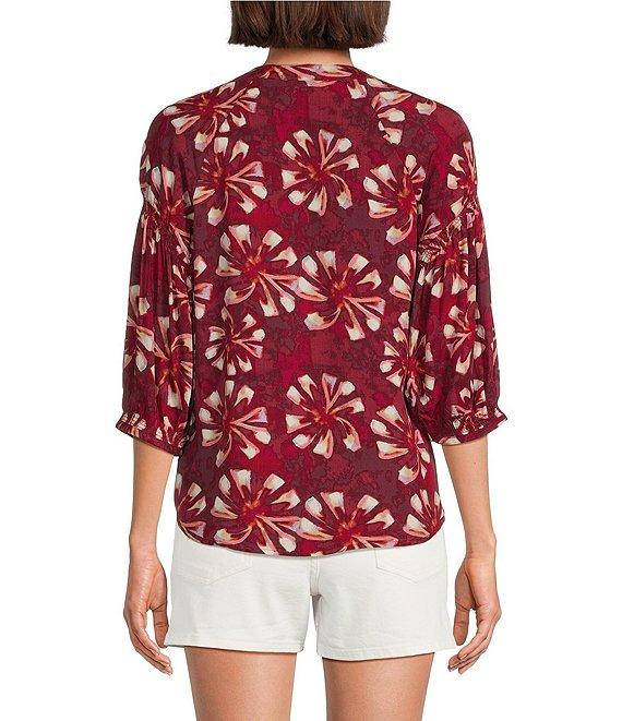 Westbound Petite Size Abstract Elbow Puff Sleeve Partial Button Front Top Product Image