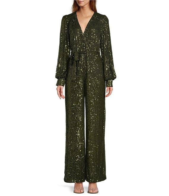 Skies Are Blue Sequin Wrap Tie V-Neck Long Sleeve Wide Leg Jumpsuit Product Image