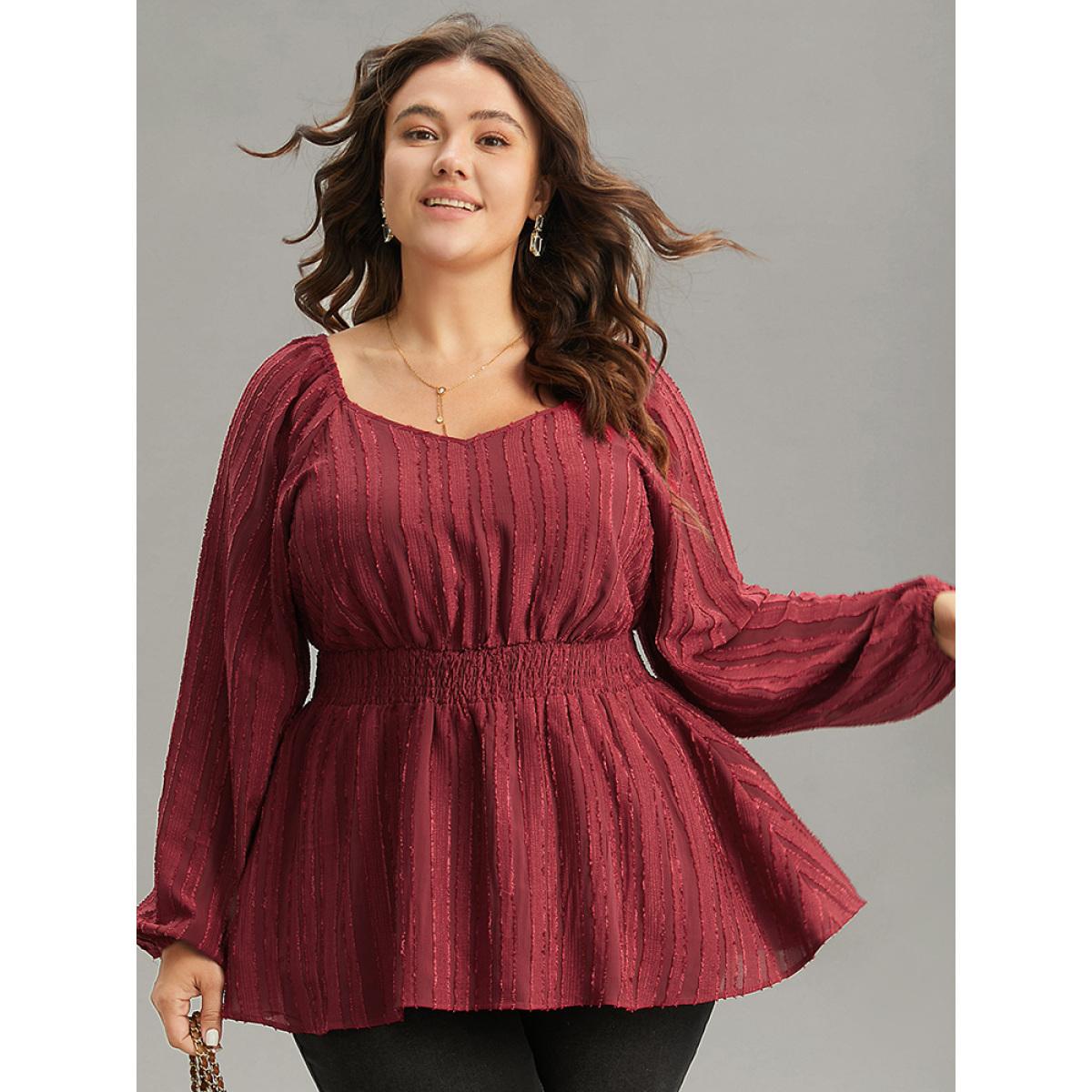 Plus Size Scarlet Plain Textured Shirred Lantern Sleeve Gathered Blouse Women Glamour Long Sleeve Square Neck Party Blouses BloomChic 10/M Product Image