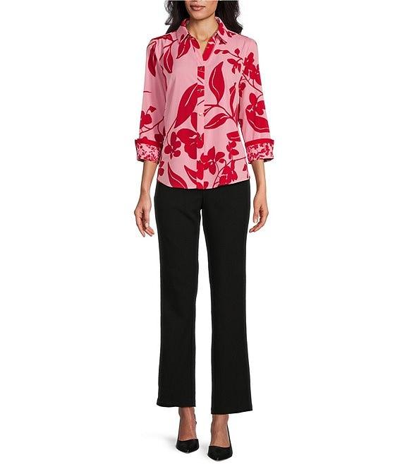 Investments Woven Bold Tropical Palm 3/4 Sleeve Point Collar Button Front Split Cuff Top Product Image