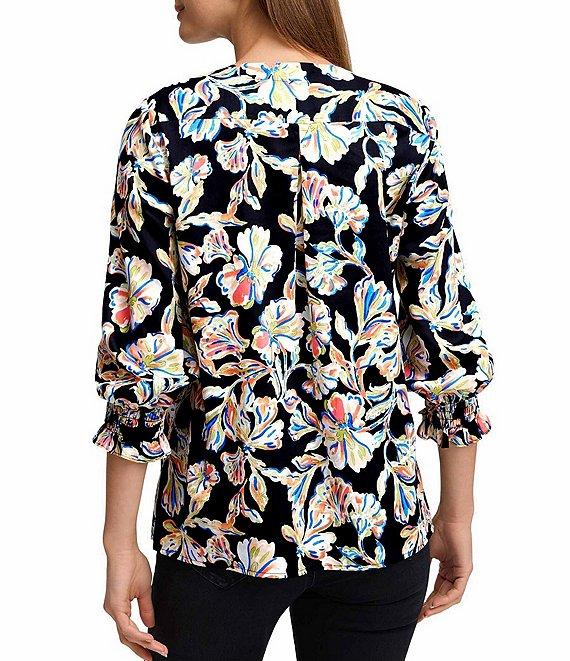 Foxcroft Alicia Wrinkle-Free Floral Cotton Sateen Split V-Neck 3/4 Sleeve Button-Front Shirt Product Image