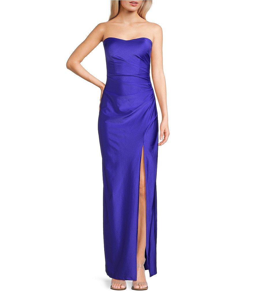 Pear Culture Stretch Satin Strapless Sweetheart Neck Point Wrap Side Slit Dress Product Image