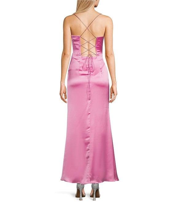 GB Social Corset Cowl Neck Lace-Up Back Slit Hem Satin Long Dress Product Image