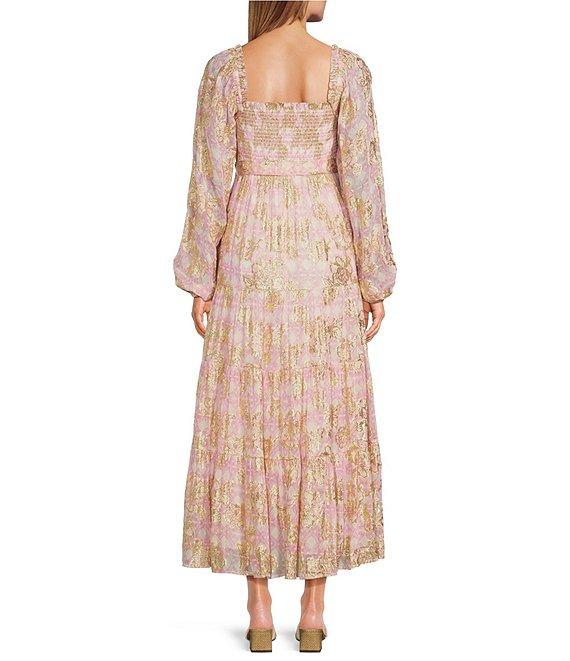A Loves A Lurex Metallic Trellis Printed Sqaure Neck Long Balloon Sleeve Smocked Bodice A-Line Flounce Midi Dress Product Image