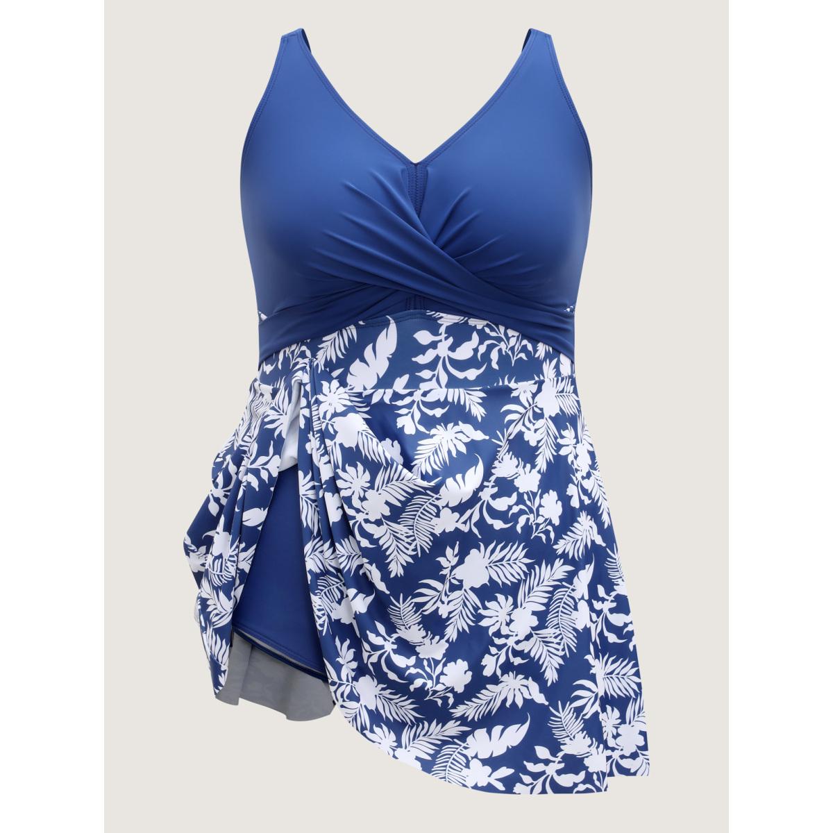 Plus Size Twist Front Floral Print Swim Dress Women's Swimwear Mediumblue Beach Bodycon V-neck High stretch Curve Swim Dresses BloomChic 28/5X Product Image
