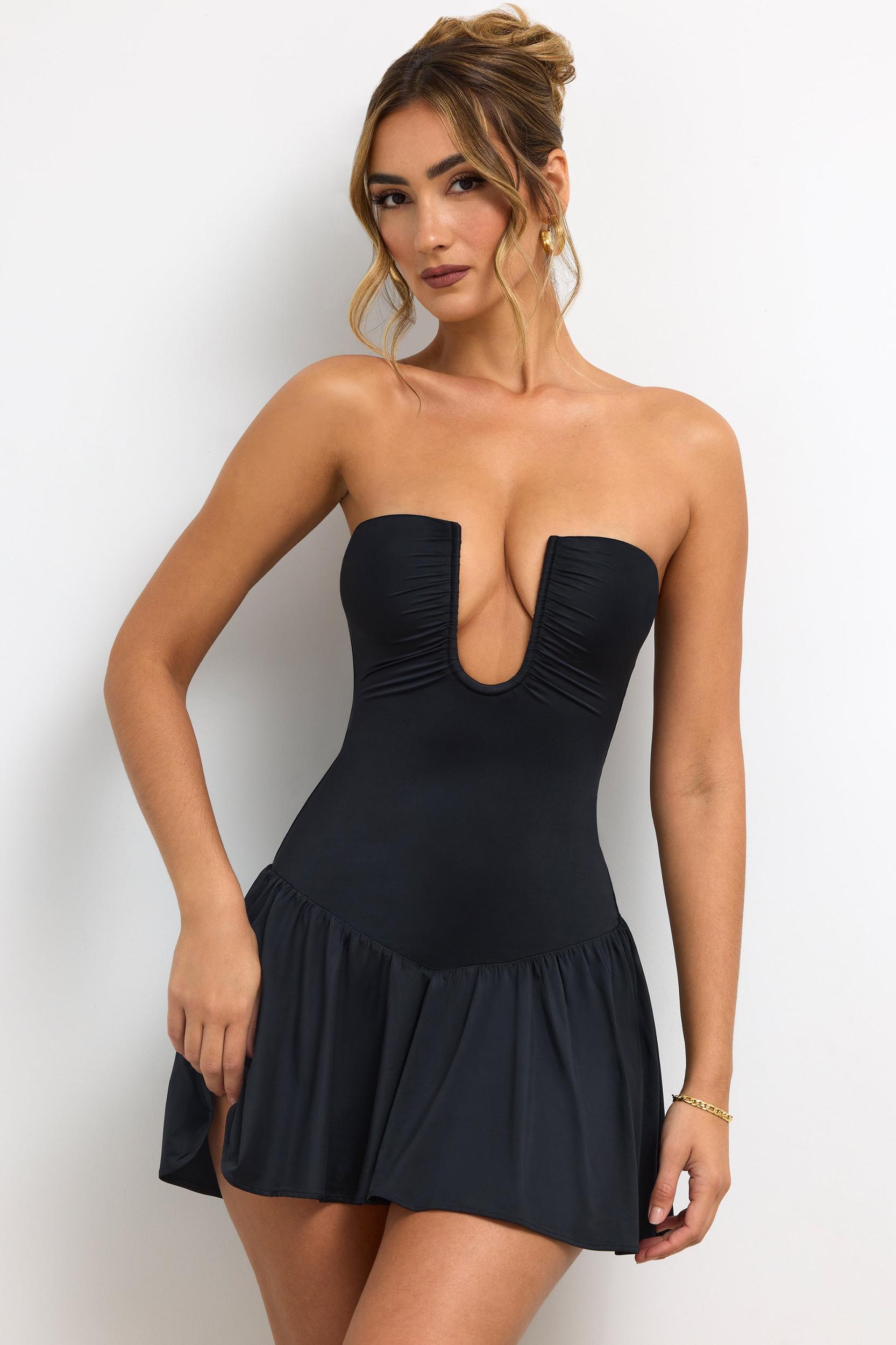 Slinky Jersey Strapless Plunge Neck Mini Dress in Black Product Image