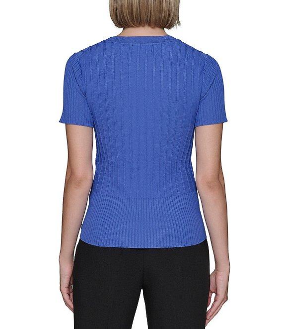 KARL LAGERFELD PARIS Knit Crew Neck Short Sleeve Ribbed Sweater Product Image