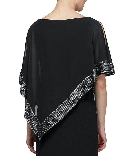 Ignite Evenings Boat Neck 3/4 Sleeve Cold Shoulder Foil Trim Asymmetrical Overlay Dress Product Image