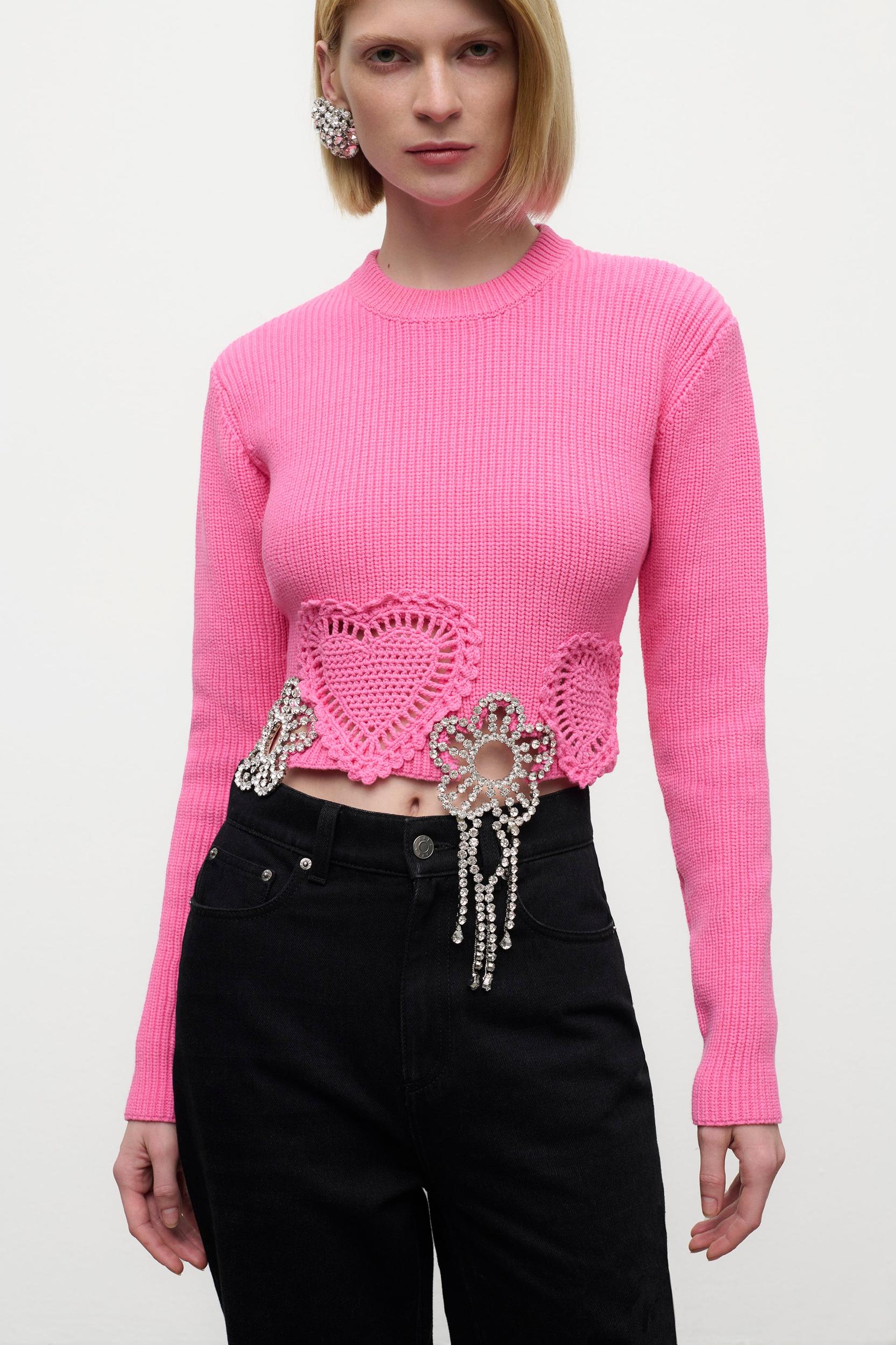 Crystal Crochet Flower Cropped Sweater Product Image