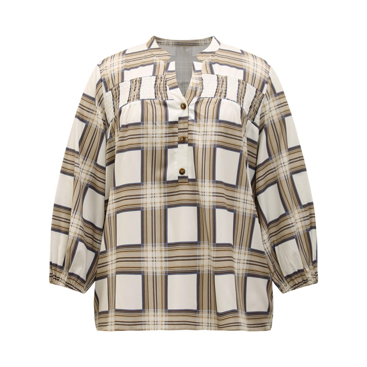Plus Size Tan Plaid Shirred Notched Button Up Blouse Women Work From Home Long Sleeve V-neck Office Blouses BloomChic 28/5X Product Image