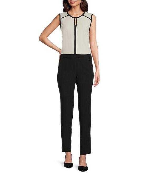 KARL LAGERFELD PARIS Knit Round Neck Sleeveless Contrast Pipe Trim Top Product Image
