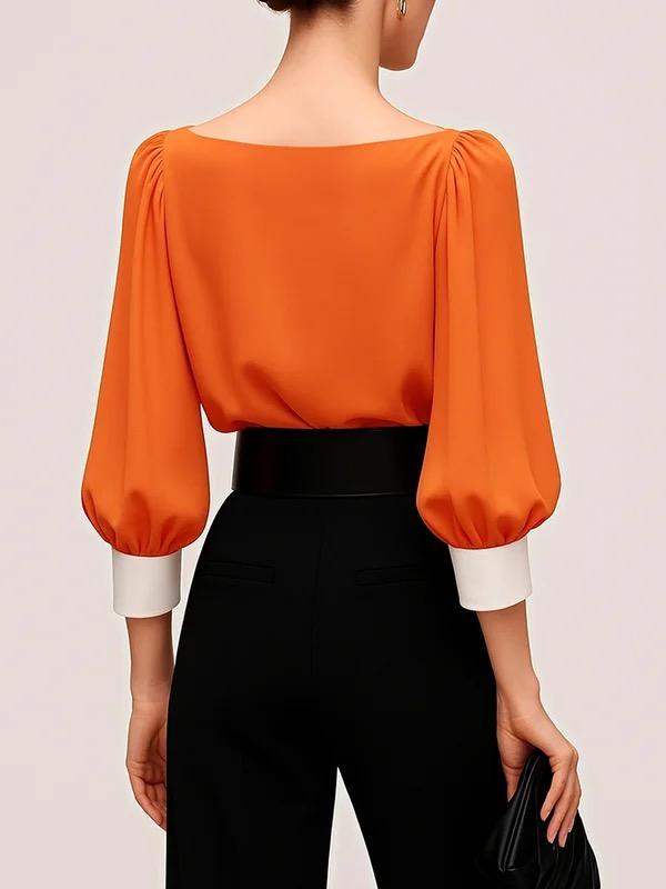 Long Sleeves Loose Pleated See-Through Split-Joint Round-neck Blouses&shirts Tops Product Image