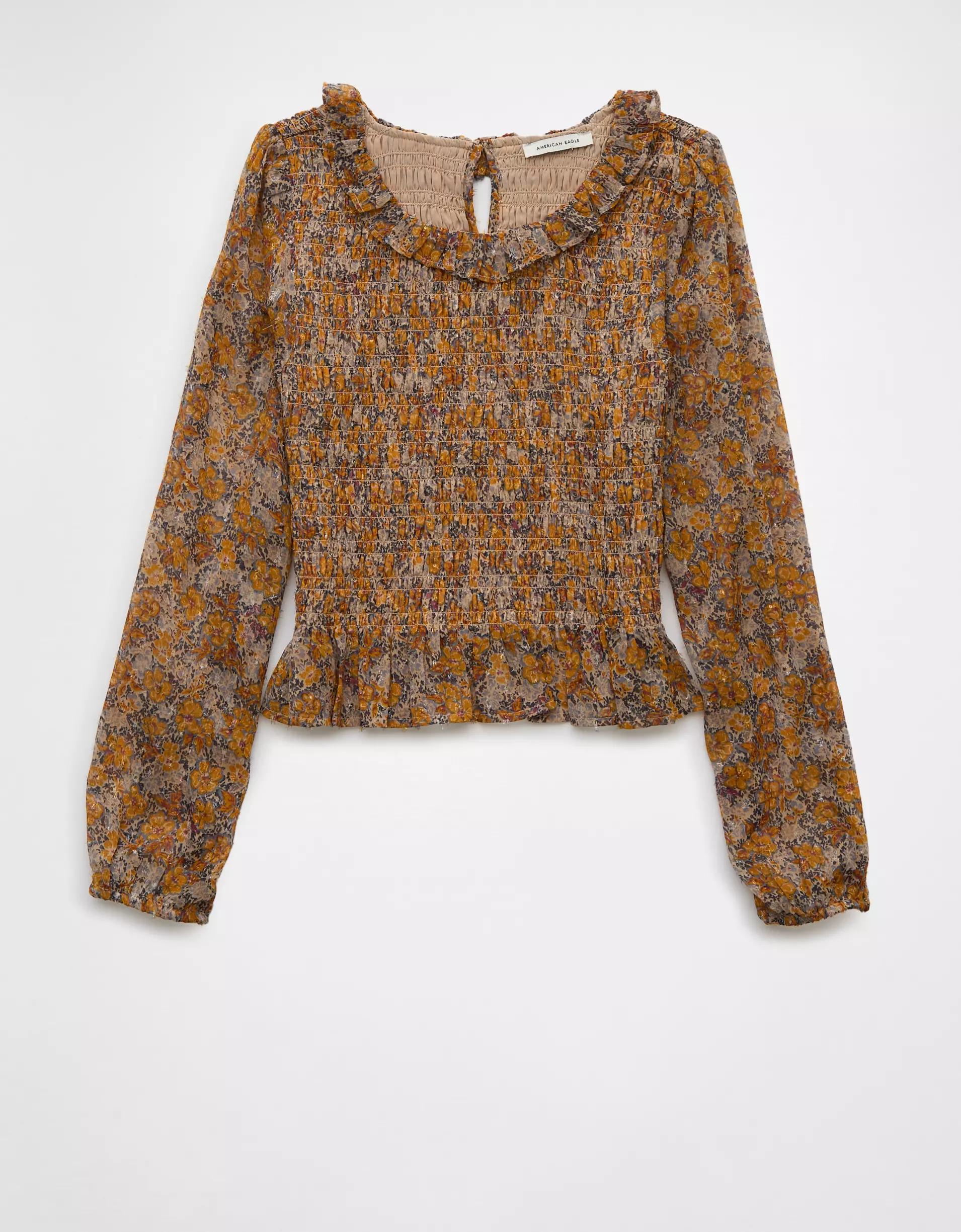 AE Long-Sleeve Smocked Bodice Ruffle Top Product Image