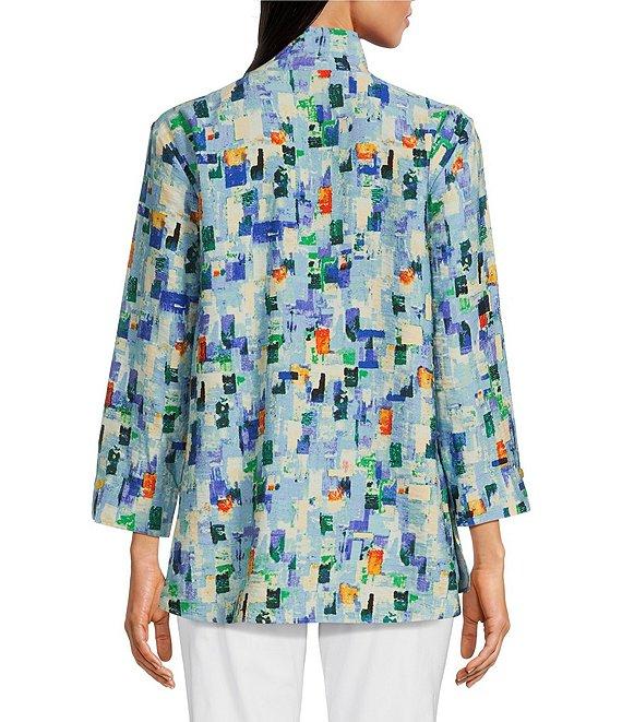 Ali Miles Abstract Tile Print Wire Collar 3/4 Sleeve Button-Front Tunic Product Image
