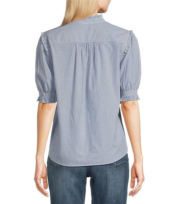 KARL LAGERFELD PARIS Poplin Striped Round Neck Ruffle 3/4 Sleeve Button Front Top Product Image