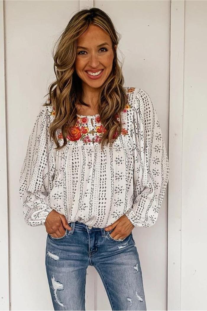 Beige Long Sleeve Embroidered Print Blouse Product Image