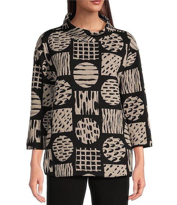 Ali Miles Knit Jacquard Geometric Abstract Print Mock Neck Long Sleeve Popover Tunic Product Image
