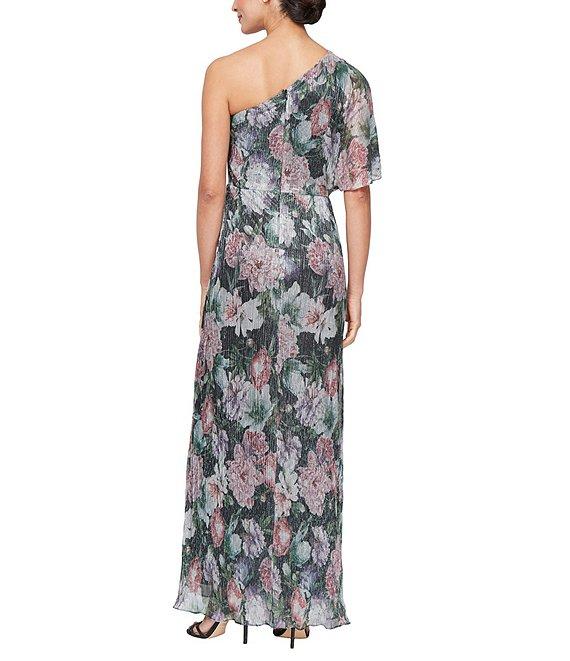 Ignite Evenings One Shoulder Neck Flutter Sleeve Ruched Waist Shimmer Floral Printed A-Line Dress Product Image