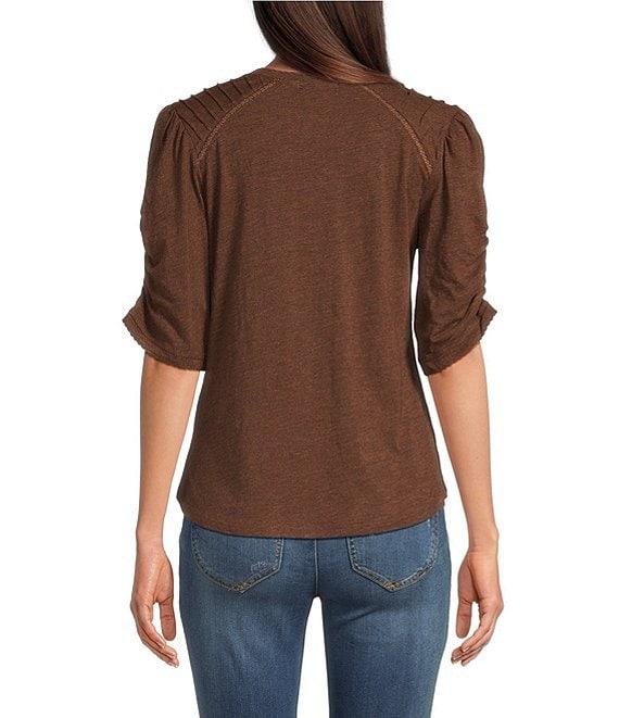 Democracy Knit Scallop V-Neck Elbow Ruched Sleeve Crochet Detail Top Product Image