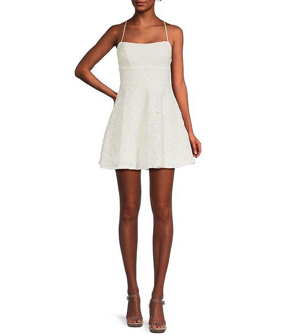 Honey and Rosie Embroidered Sequin Square Neck Spaghetti Strap Criss Cross Back Fit & Flare Dress Product Image