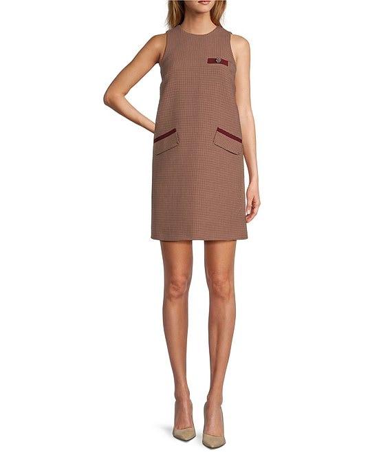 Tara Jarmon Ravel Woven Houndstooth Pattern Round Neck Sleeveless Shift Dress Product Image