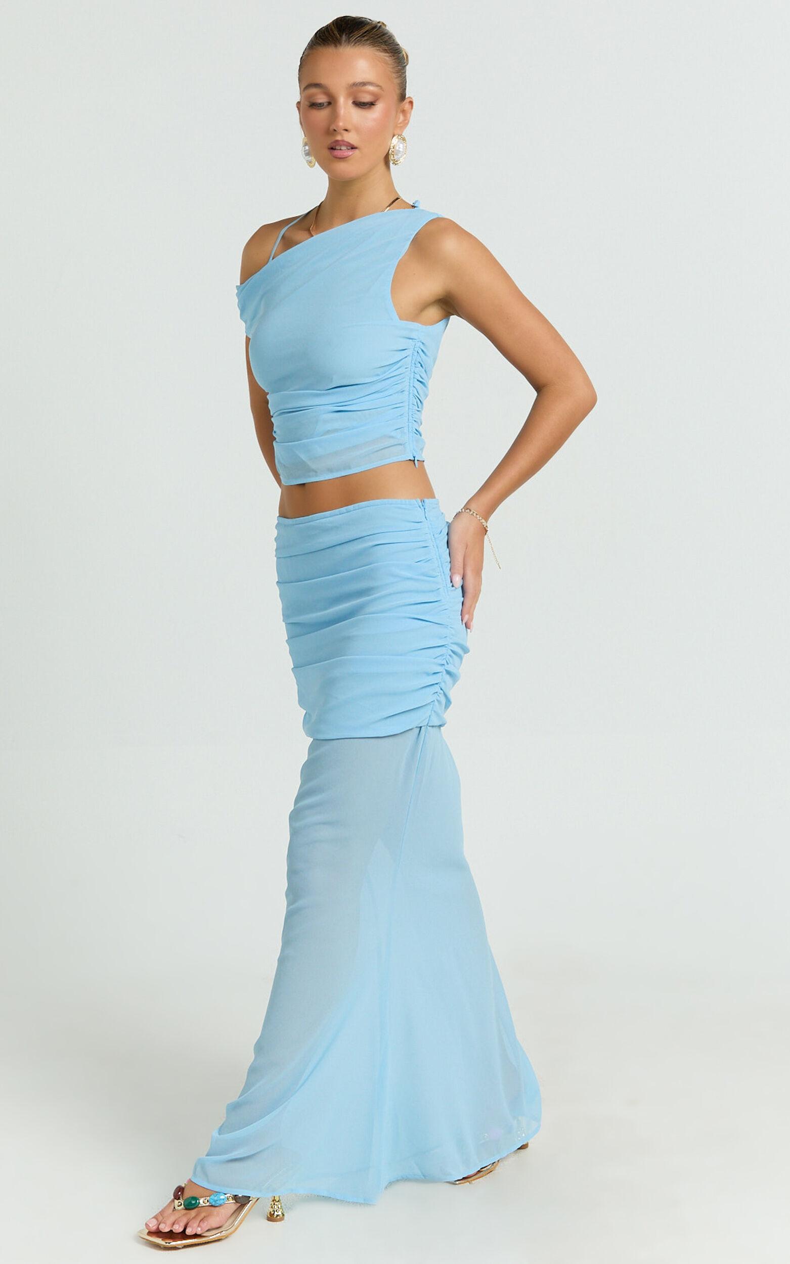 Salma Two Piece Top and Skirt Set - Georgette Asymmetric Top and Fit And Flare Maxi Skirt Set in Sky Blue Product Image