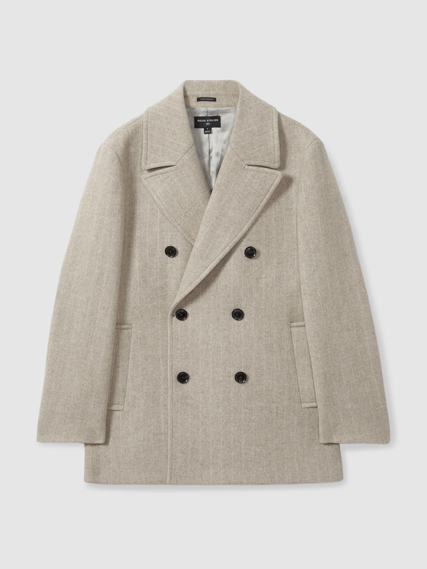 Wool-Blend Pinstripe Pea Coat in Oatmeal Product Image