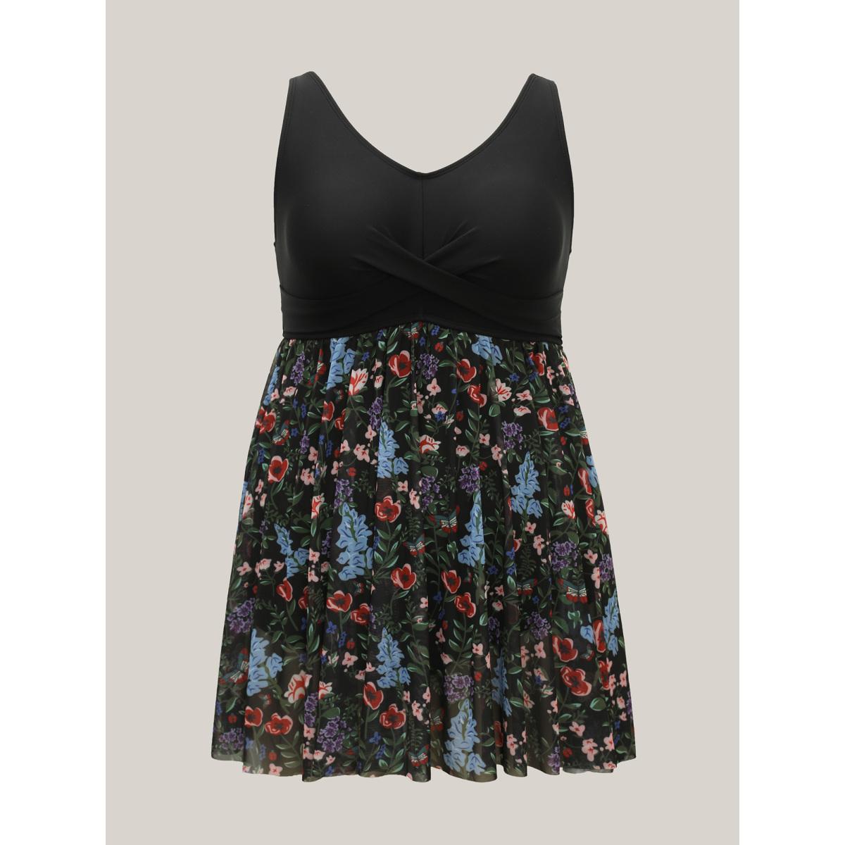 Plus Size Floral Pattern Split Adjustable Swim Dress Women's Swimwear Black Beach Bodycon V-neck High stretch Curve Swim Dresses BloomChic 22-24/3X Product Image