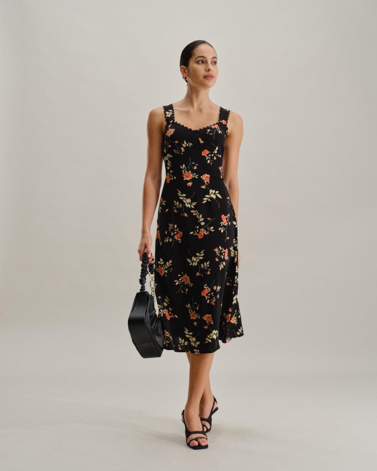 Black Floral Shirred Slip Maxi Dress Product Image