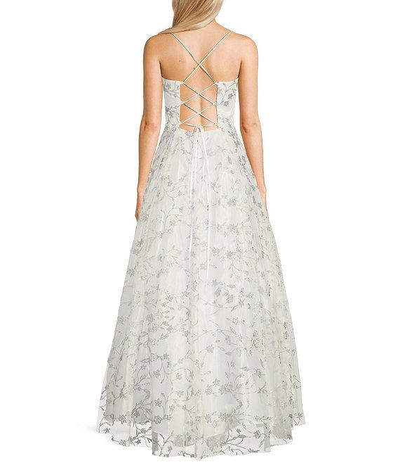 Blondie Nites Caviar Floral Glitter Pinch Lace-Up Back Ballgown Dress Product Image