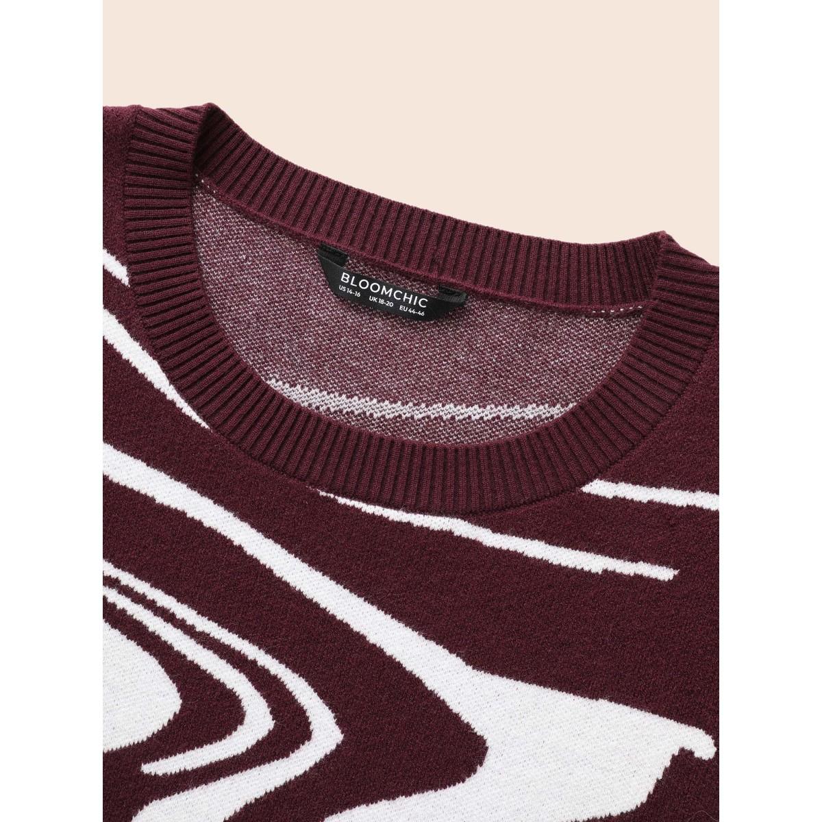 Plus Size Water Ripple Contrast Drop Shoulder Pullover DarkBrown Women Casual Loose Long Sleeve Round Neck Everyday Pullovers BloomChic 22-24/3X Product Image