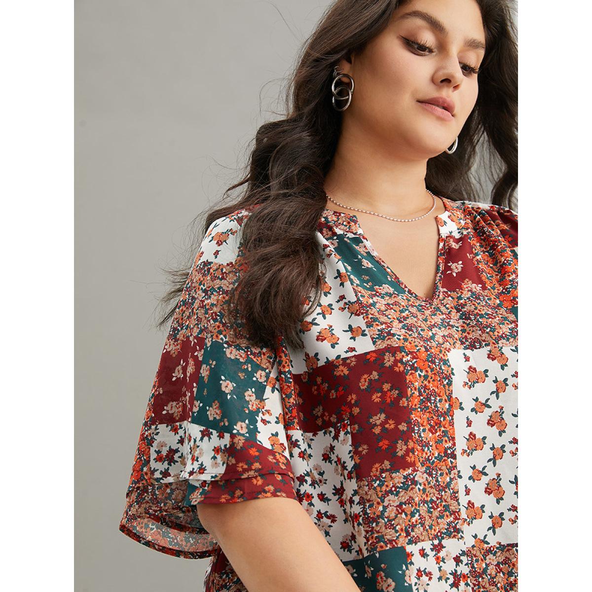 Plus Size Scarlet Ditsy Floral Colorblock Contrast Notched Blouse Women Vacation Short sleeve Notched collar Vacation Blouses BloomChic 14-16/1X Product Image
