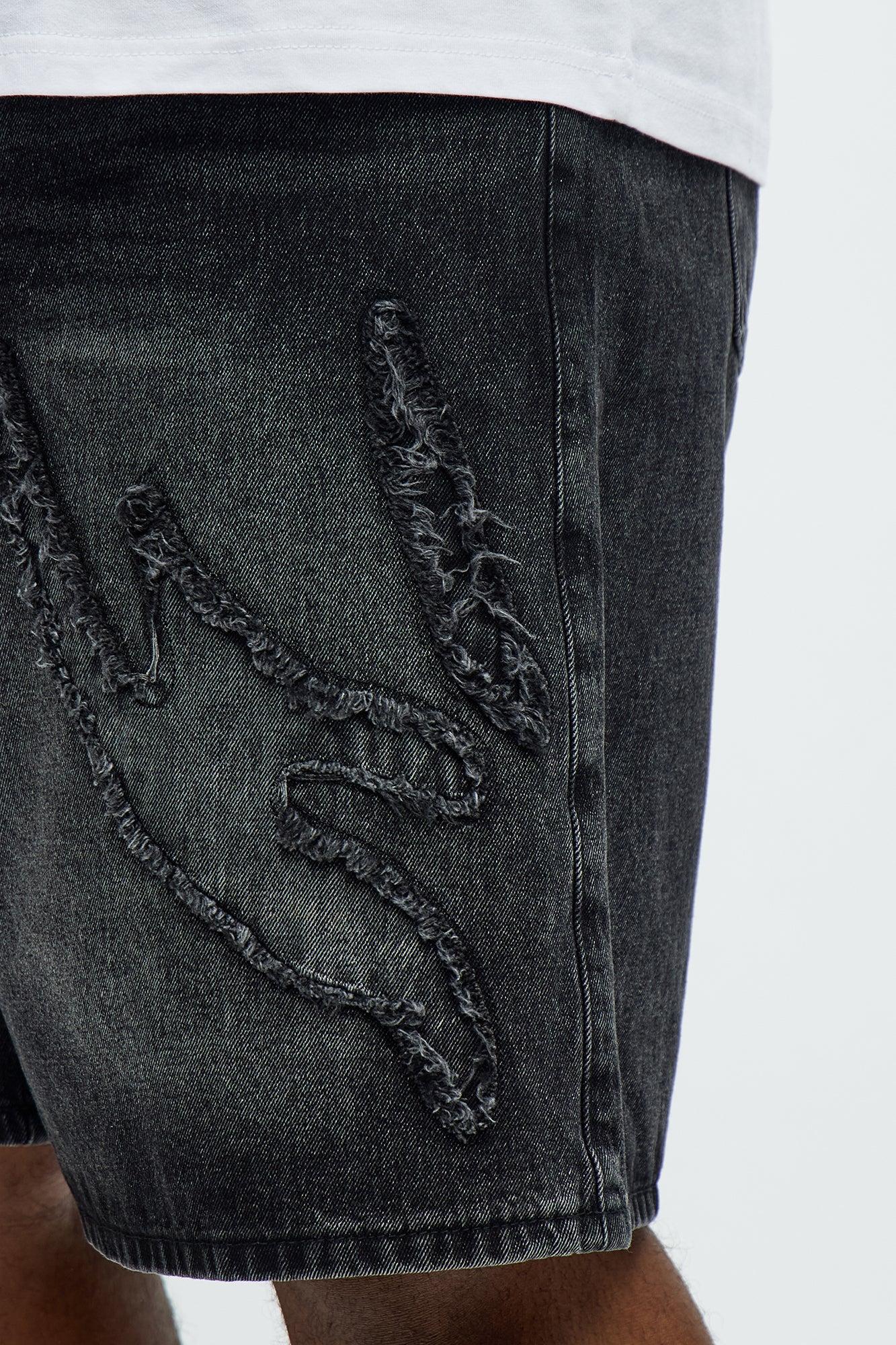 Relaxed Rugged Fray Denim Shorts - Black Wash Product Image