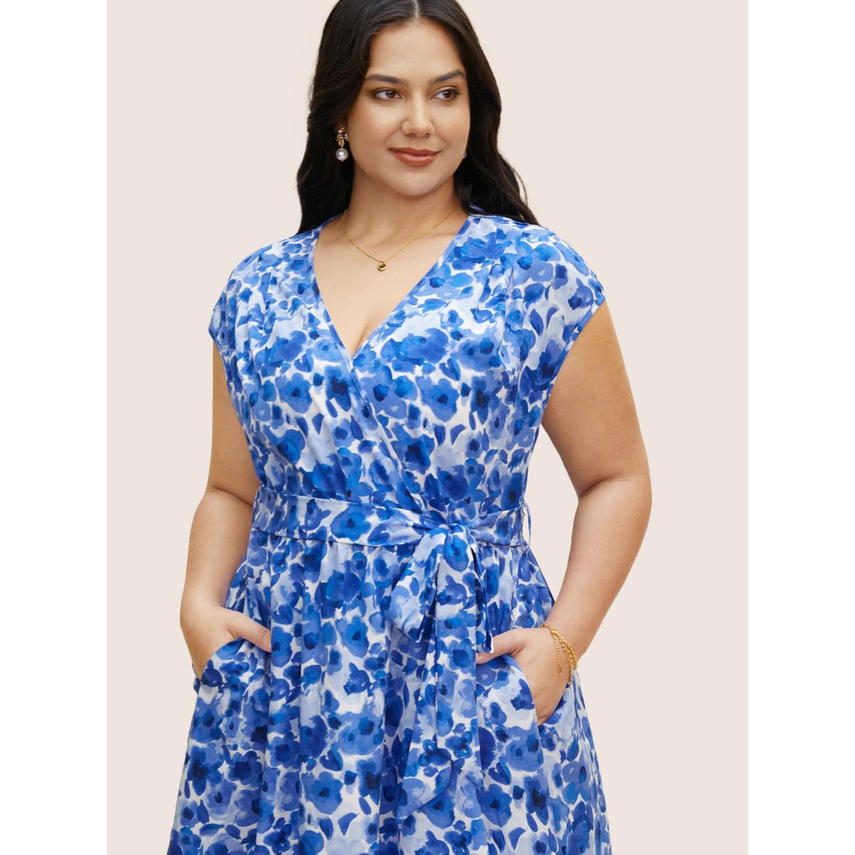 Plus Size Watercolor Floral Dolman Sleeve Maxi Dress Mediumblue Women Elegant Belted V-neck Sleeveless Curvy BloomChic 22-24/3X Product Image