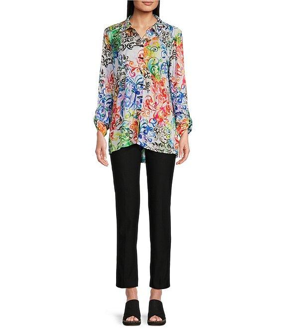 Ali Miles Petite Size Woven Abstract Multi Print Point Collar 3/4 Roll-Tab Sleeve Button Front Tunic Product Image