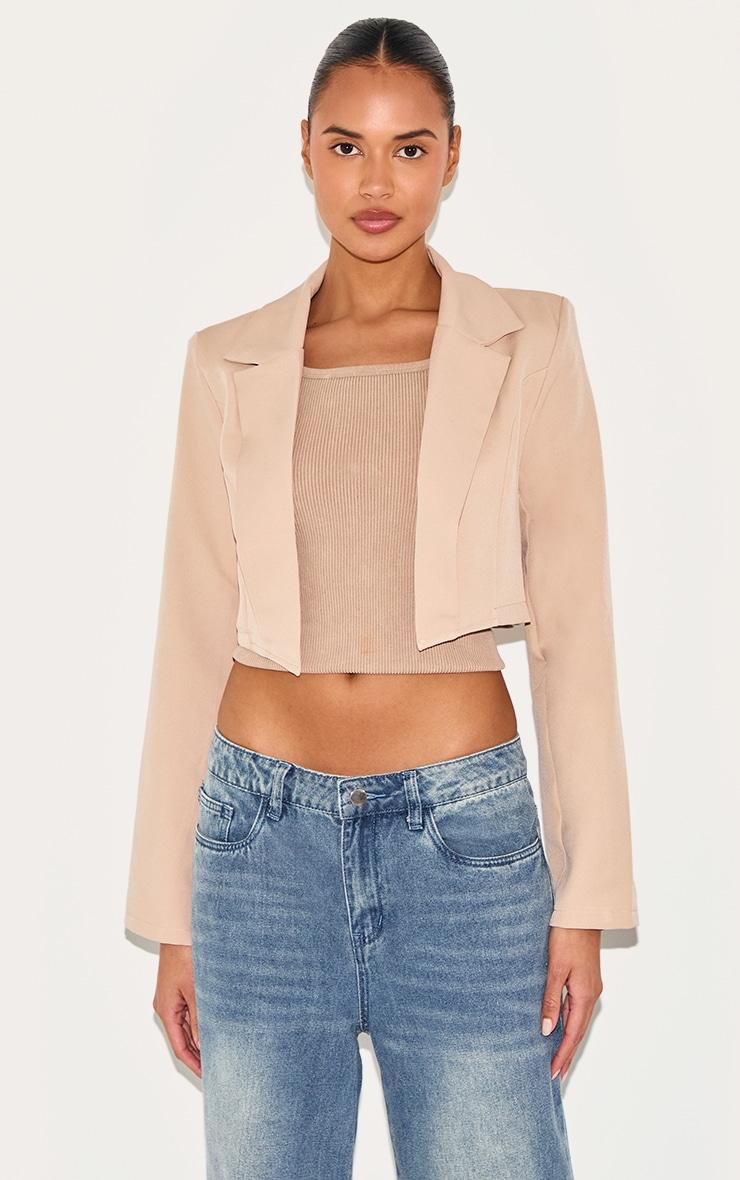 Stone Basic Woven Seam Detail Cropped Blazer Product Image