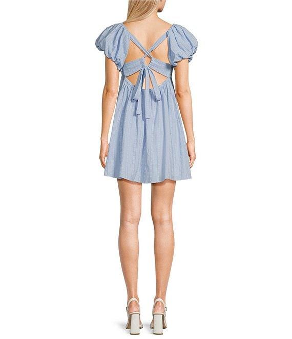 City Vibe Square Neck Puffed Sleeve Pleated Empire Waist Criss Cross Back Babydoll Dress Product Image