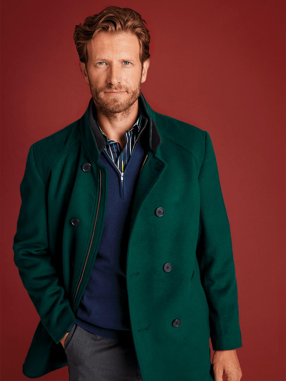 Wool Double Breasted Carcoat - Dark Green Product Image