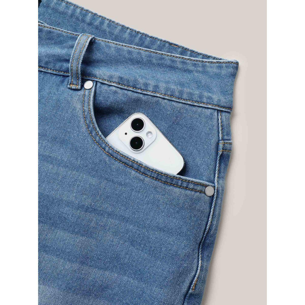 Plus Size Overlap Whiskered Wash Straight Denim Shorts Women Denimblue No stretch Everyday Slanted pocket Casual Denim Shorts BloomChic 18/2X Product Image