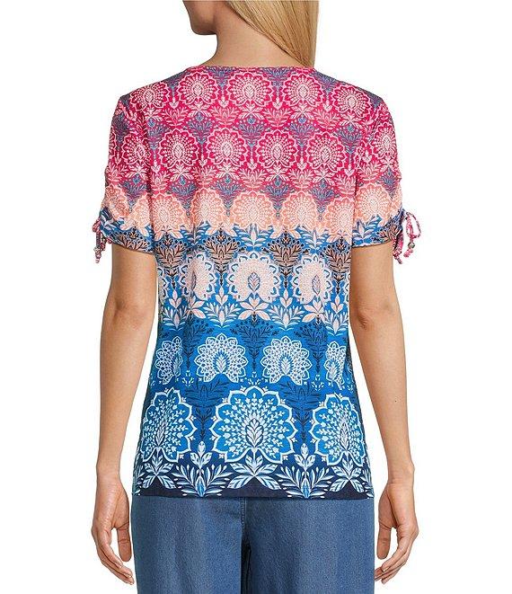 Allison Daley Petite Size Pomegranate Damask Floral Border Print Short Ruched Tie Sleeve Square Neck Knit Top Product Image