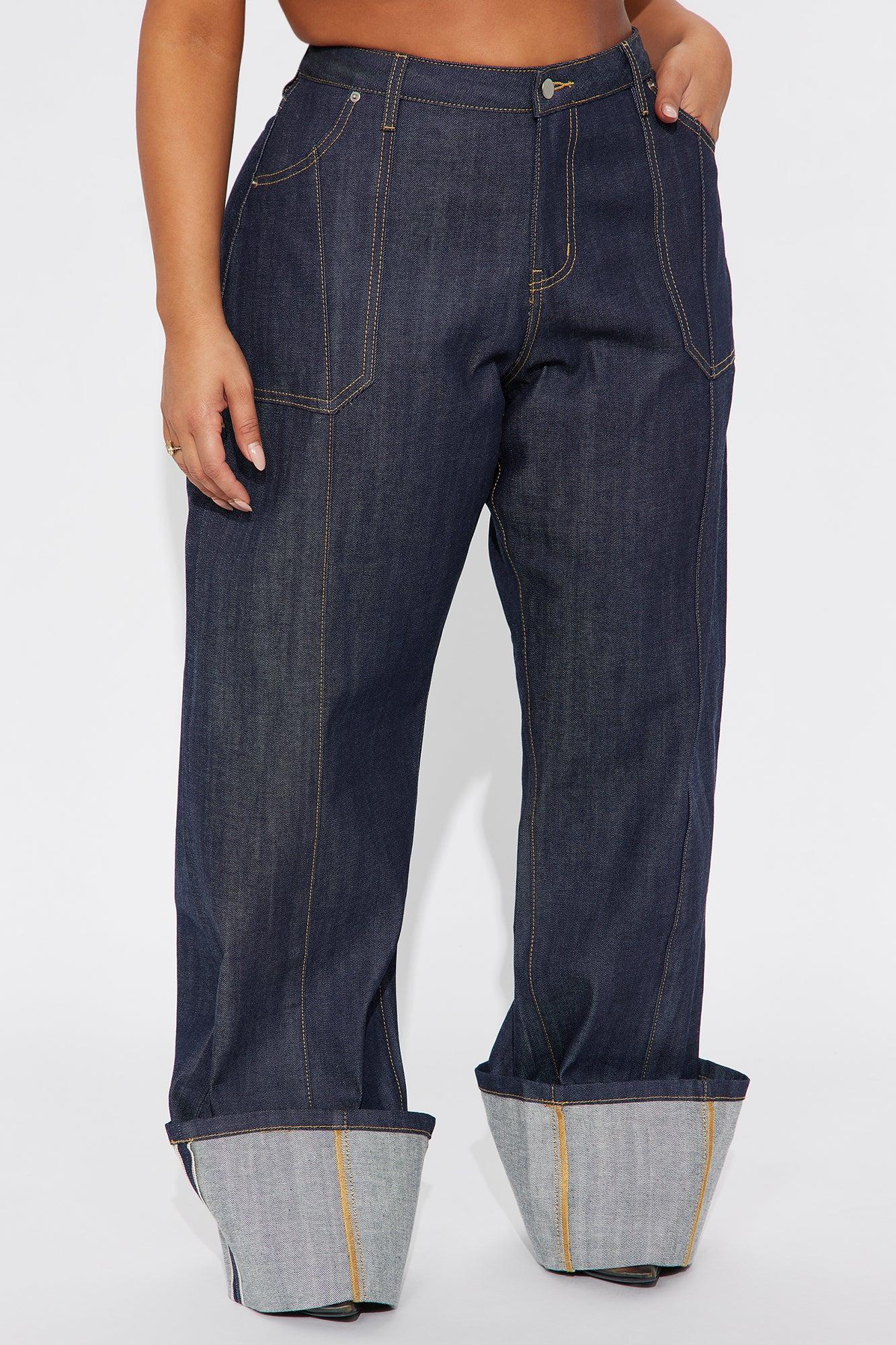 Premium Selvedge Cuffed Utility Wide Leg Jeans - Dark Denim Product Image