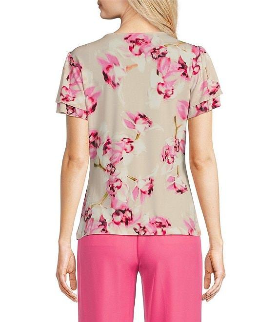 Calvin Klein Floral Matte Jersey V-Neck Flutter Short Sleeve Top Product Image