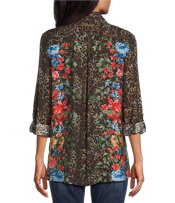 John Mark Petite Size Animal Skin Floral Multi Print Point Collar Long Roll-Tab Sleeve Button Front Tunic Product Image