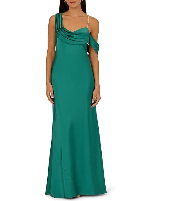 Adrianna Papell Stretch Satin Asymmetrical One Shoulder Neck Rhinestone Strap Pleated Sheath Dress Product Image