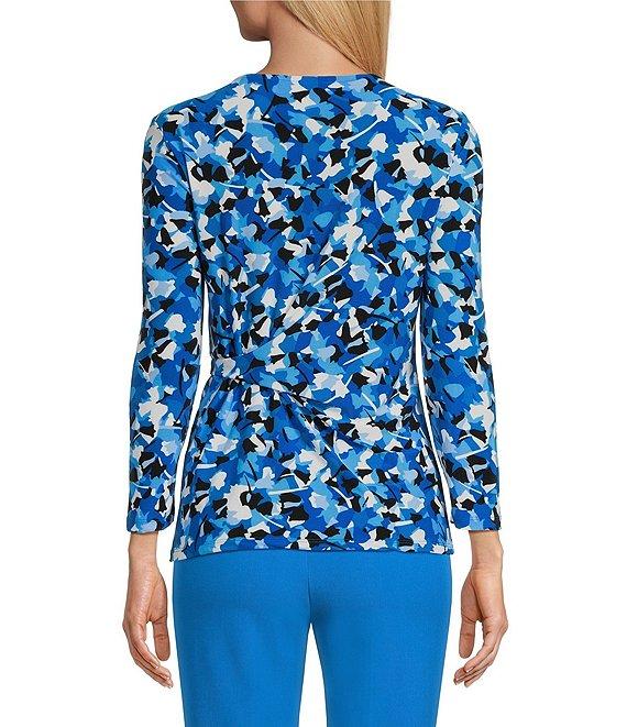 Kasper Abstract Print Crew Neck 3/4 Sleeve Tie Front Top Product Image