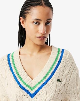 V Neck Cable Knit Cotton Tennis Sweater Product Image