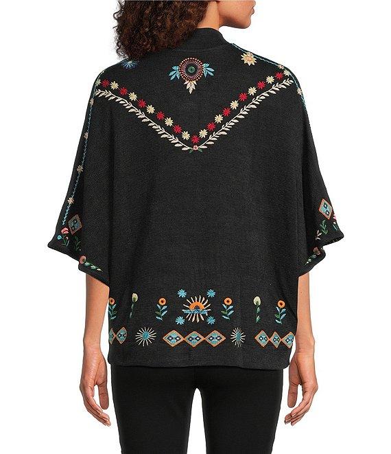 JOHNNY WAS Josiy Embroidered Rib Knit V-Neck 3/4 Sleeve Snap-Front Poncho Jacket Product Image