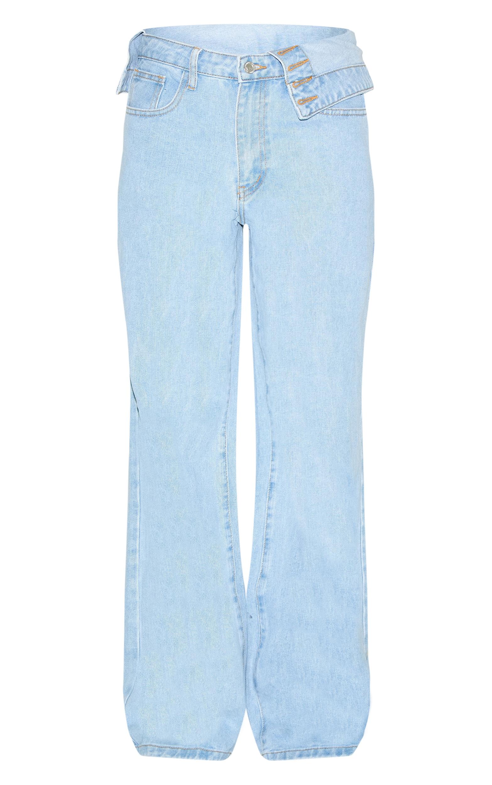 Light Blue Foldover Waist Detail Wide Leg Jean Product Image
